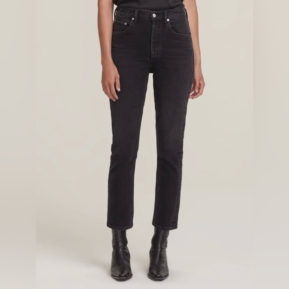 Agolde Riley High Rise Straight Crop Jeans in Panoramic Gray Black Button Fly 28